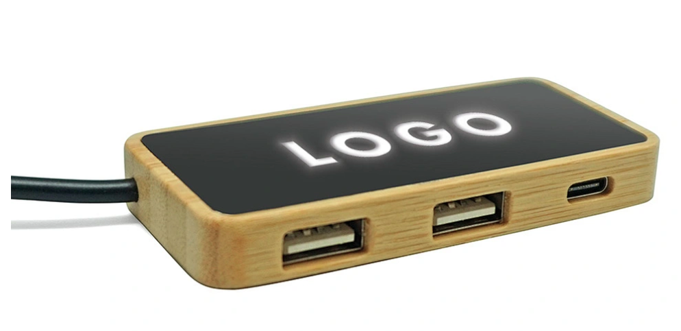 Dual USB Ports Office USB Hub Bamboo Type C with Custom Glow LED Logo USB 2.0 Interface in Stock