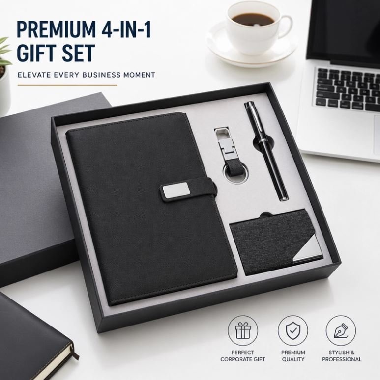 Custom Logo 4 in 1 Corporate Gift Set A5 Notebook Pen USB Flash Drive Business Card Holder Executive Promotional Gift Box